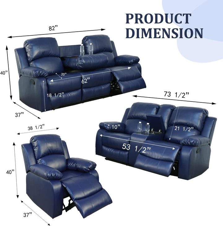 Manual Leather Recliner Sofa Set Blue Living Room Furniture-1
