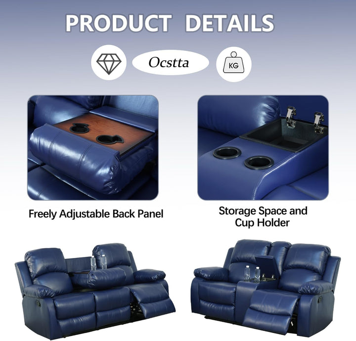 Manual Leather Recliner Sofa Set Blue Living Room Furniture-2