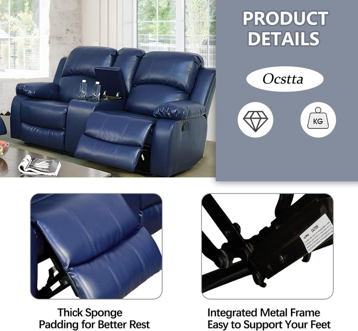 Manual Leather Recliner Sofa Set Blue Living Room Furniture-4