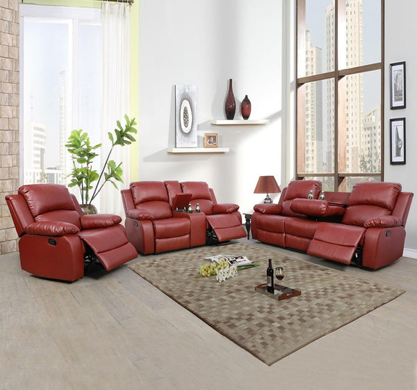 Leather Recliner Sofa Set Red Three Piece Living Room Furniture-0