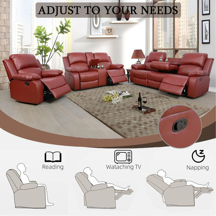 Leather Recliner Sofa Set Red Three Piece Living Room Furniture-4
