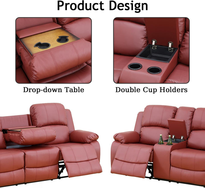 Leather Recliner Sofa Set Red Three Piece Living Room Furniture-2
