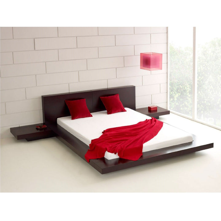King Modern Japanese Style Platform Bed with Headboard and 2 Nightstands in Espresso-1