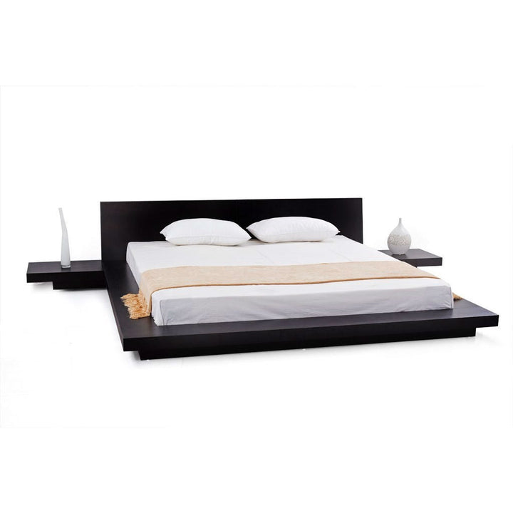 King Modern Japanese Style Platform Bed with Headboard and 2 Nightstands in Espresso-3