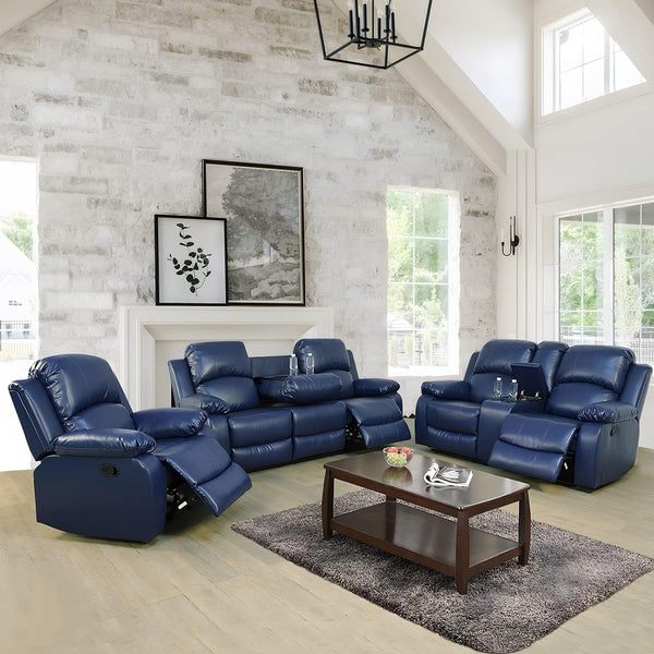 Manual Leather Recliner Sofa Set Blue Living Room Furniture-0