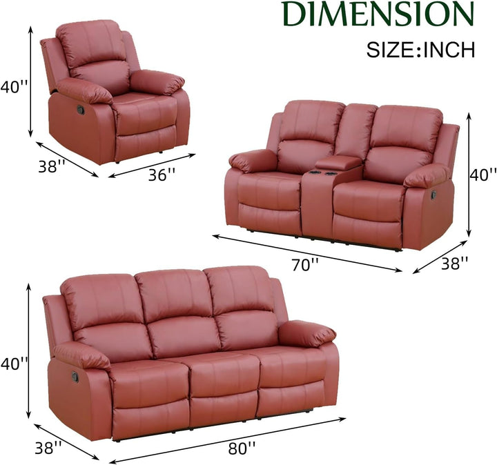 Leather Recliner Sofa Set Red Three Piece Living Room Furniture-1