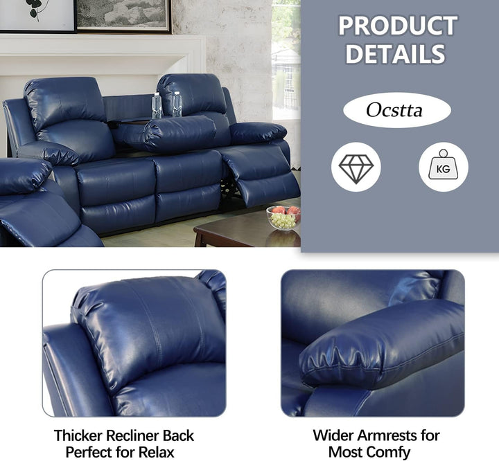 Manual Leather Recliner Sofa Set Blue Living Room Furniture-3