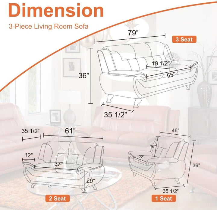 Faux Leather Sofa Set 3 Piece Living Room Furniture-2