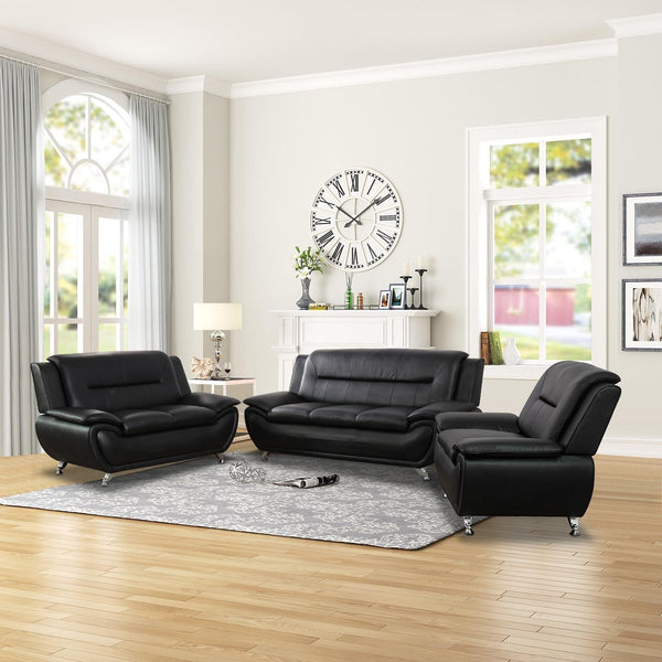 Leather Sofa Set 3 Piece Black Living Room Furniture-0