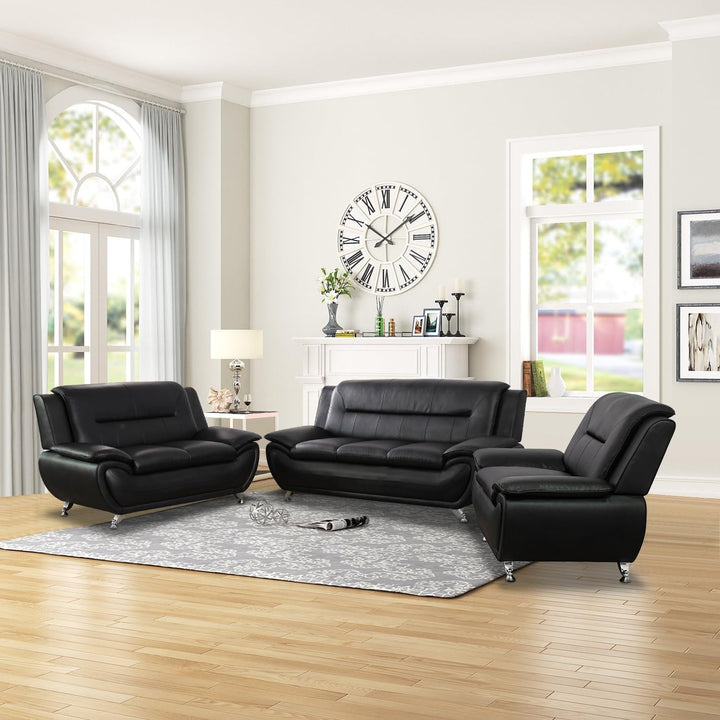 Leather Sofa Set 3 Piece Black Living Room Furniture-0