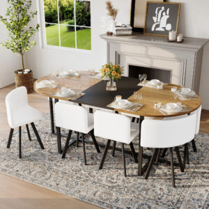 9-Piece Oval Dining Table Set, Fixed Two-Tone Wood Grain & Black Wood Grain Triamine Tabletop With 8 White PU Leather Chairs, Modern Kitchen Table Set For 8 People, Ideal For Family Gatherings