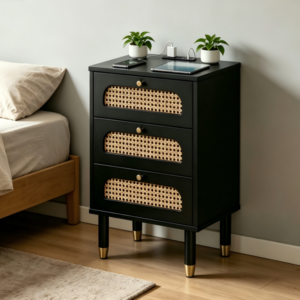 Modern 3-Drawer Rattan Nightstand with Built-In Charging Station