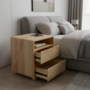 Modern Solid Wood Nightstand with Charging Station & Dual Drawers