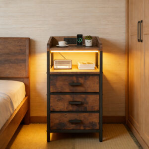 Set of 2 Vintage Nightstands with USB Charging, Power Outlets & LED Lighting