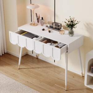 Luxe White Vanity Dressing Table with 2 Drawers & Modern Metal Legs