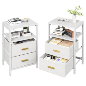 Modern White Nightstand Set of 2 with Fabric Drawers & Open Storage Shelves