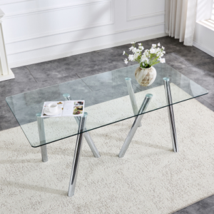 Luxe 71-Inch Tempered Glass Dining Table with Architectural Metal Base